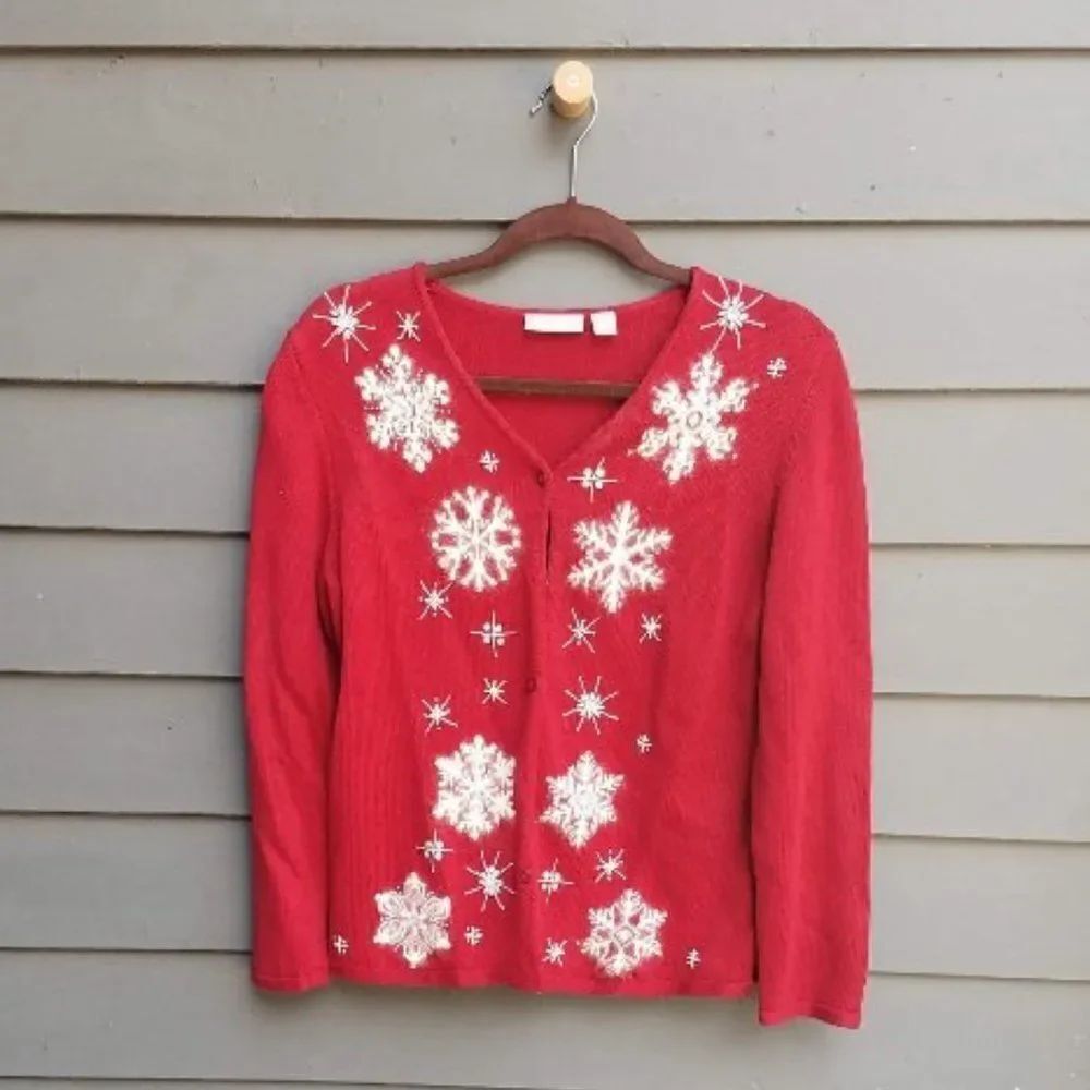 Nordstrom Red/White Beaded Snowflake Cardigan Sweater